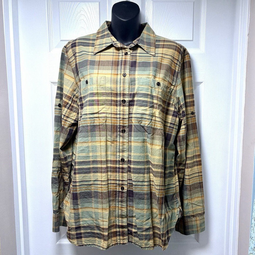Lauren Jeans Co Ralph Lauren Plaid Button Down Shirt Tan Brown Green Cotton XL